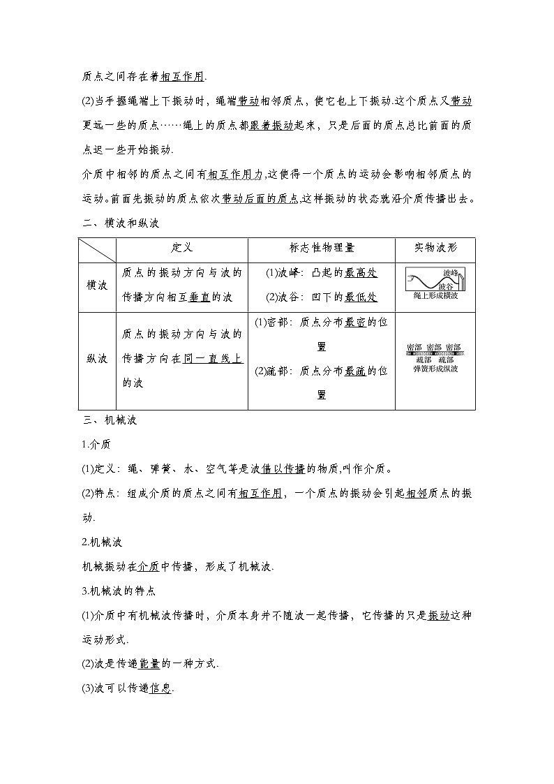 人教版2019选择性必修第一册 新教材同步 第三章  1　波的形成和传播导学案（教师版+学生版）02