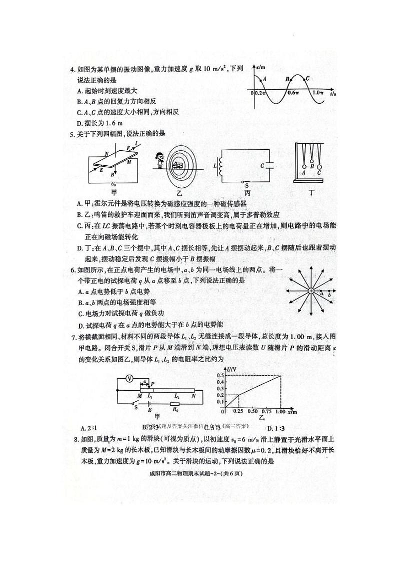咸阳市2023~2024学年度第二学期普通高中期末质量检测高二物理试题第2页