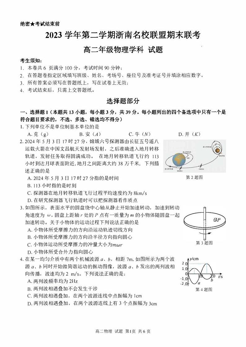 浙江省浙南名校2023-2024学年高二下学期6月期末联考物理试题01