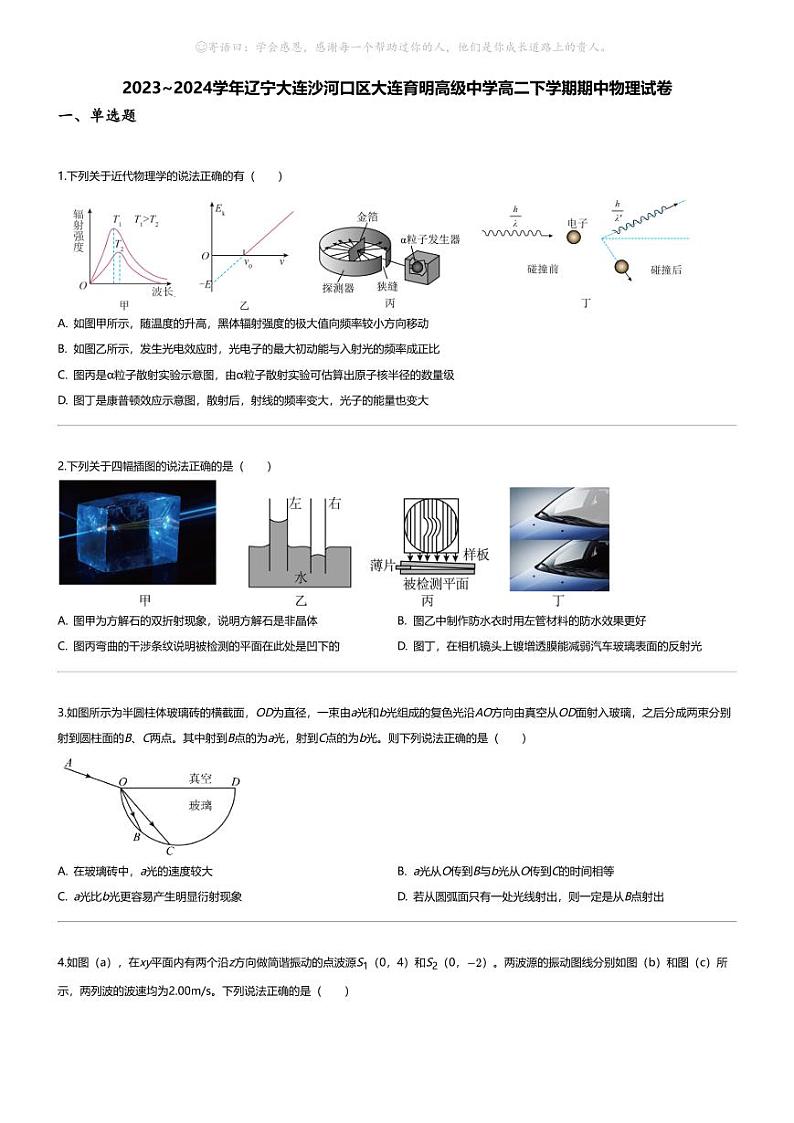 [物理][期中]2023_2024学年辽宁大连沙河口区大连育明高级中学高二下学期期中物理试卷01