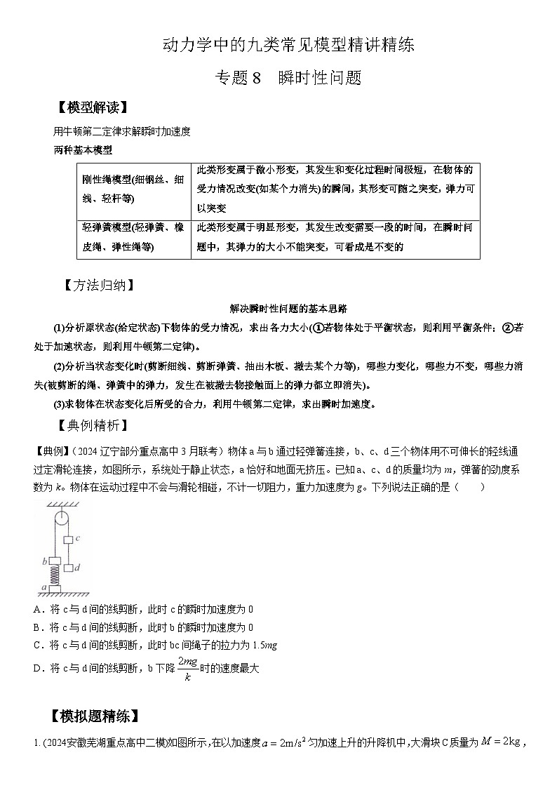 专题8 瞬时性问题(学生版)--2025版动力学中的九类常见模型精讲精练讲义第1页