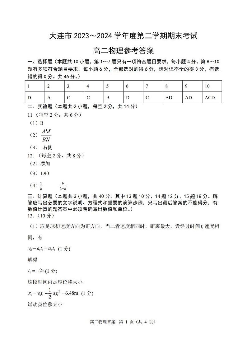 辽宁省大连市2023-2024学年高二下学期7月期末考试物理试题01