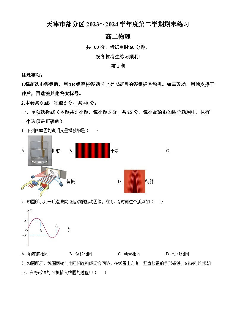 2024天津市部分区高二下学期期末联考试题物理含解析01