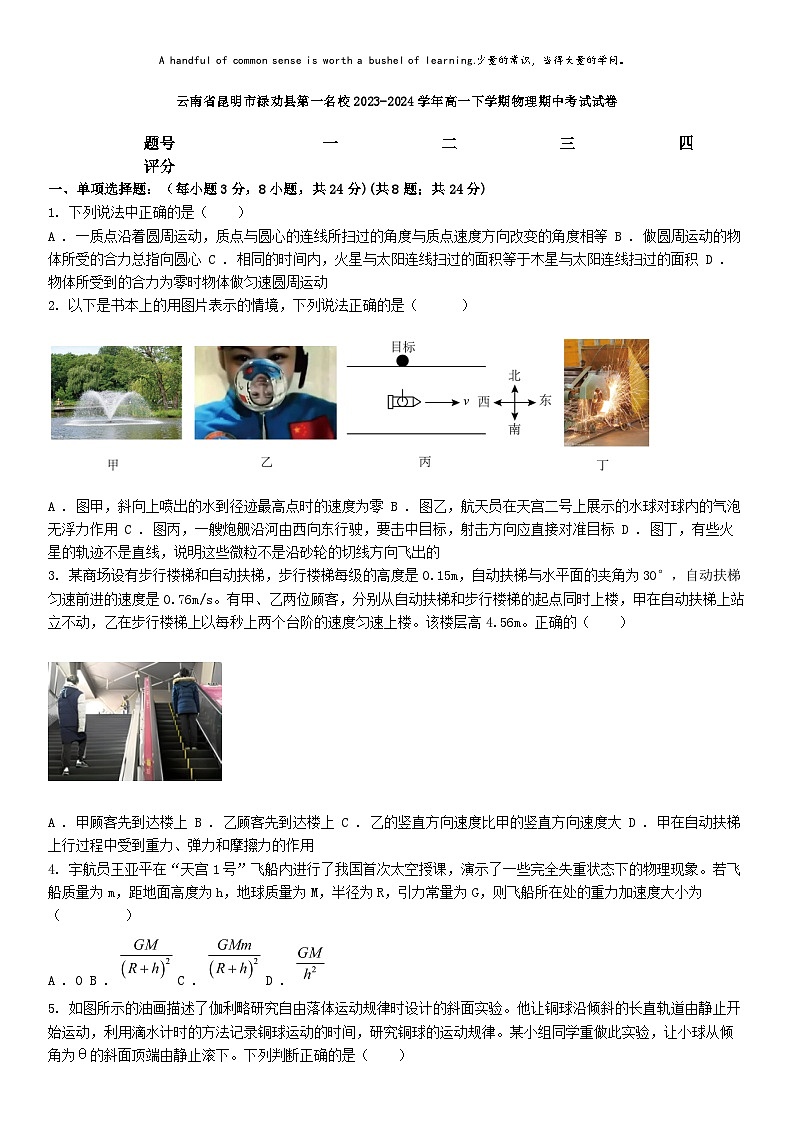 [物理][期中]云南省昆明市禄劝县第一名校2023-2024学年高一下学期物理期中考试试卷第1页