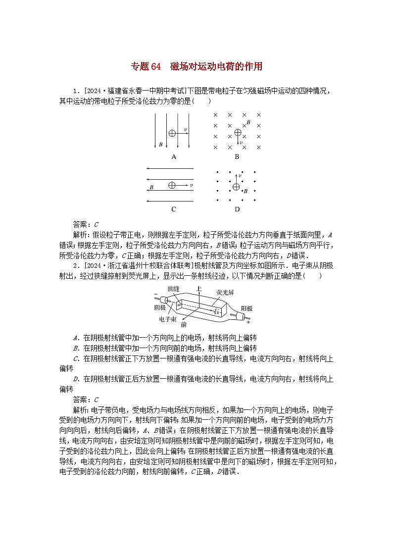 2025版高考物理一轮复习微专题小练习磁场专题64磁吃运动电荷的作用01