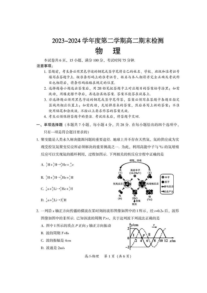 广东韶关市2024年高二下学期期末考试物理试题+答案01
