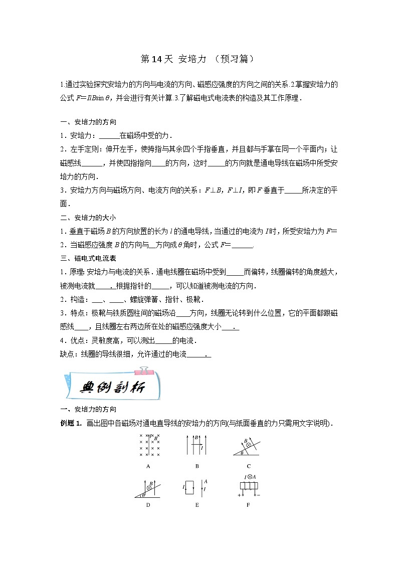 高二物理寒假精品课(人教版2019)第14天安培力(原卷版+解析)01