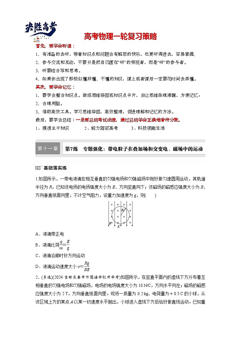 2025年高考物理大一轮复习第十一章　第七课时　专题强化：带电粒子在各个场中中的运动（课件+讲义+练习）01