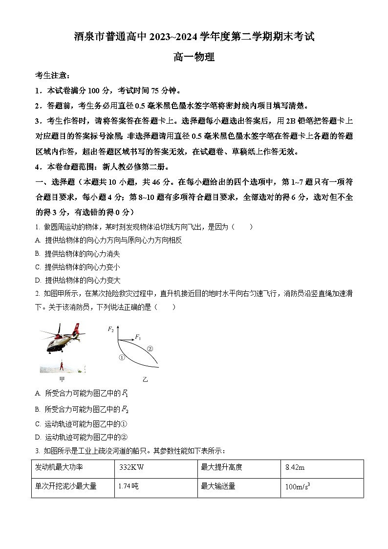 甘肃省酒泉市2023-2024学年高一下学期7月期末考试 物理试题 Word版含答案第1页