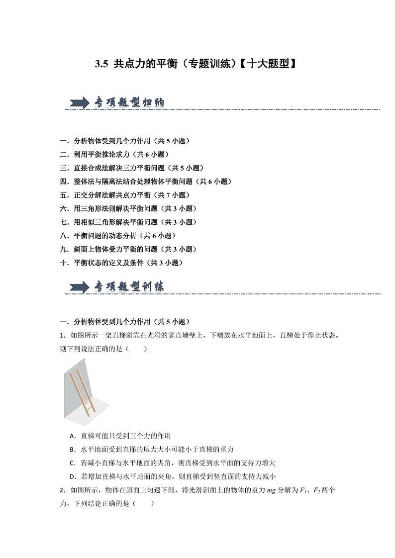 3.5 共点力的平衡（专题训练）（学生版） 2024-2025学年高中物理同步知识点解读与专题训练（人教版2019必修第一册）第1页