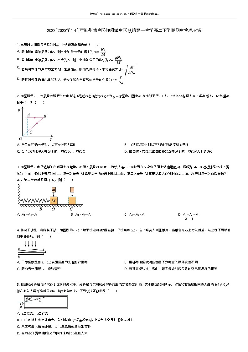 [物理]2022_2023学年广西柳州城中区柳州城中区铁路第一中学高二下学期期中物理试卷(原题版+解析版)01