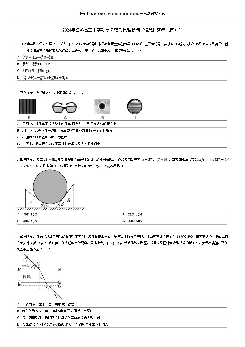 [物理]2024年江苏高三下学期高考模拟物理试卷(信息押题卷(四))原题版第1页