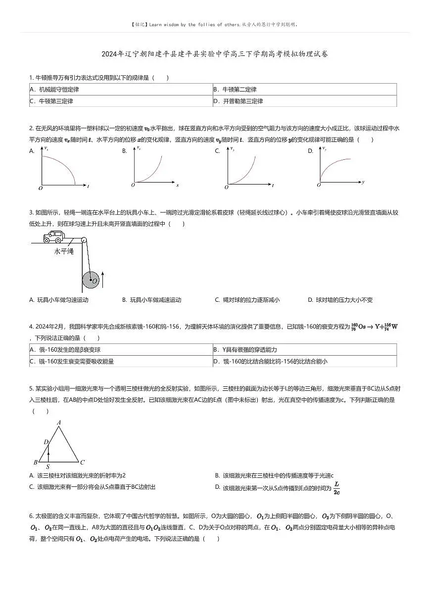 [物理]2024年辽宁朝阳建平县建平县实验中学高三下学期高考模拟物理试卷原题版第1页