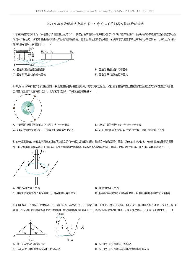 [物理]2024年山西晋城城区晋城市第一中学高三下学期高考模拟物理试卷原题版第1页