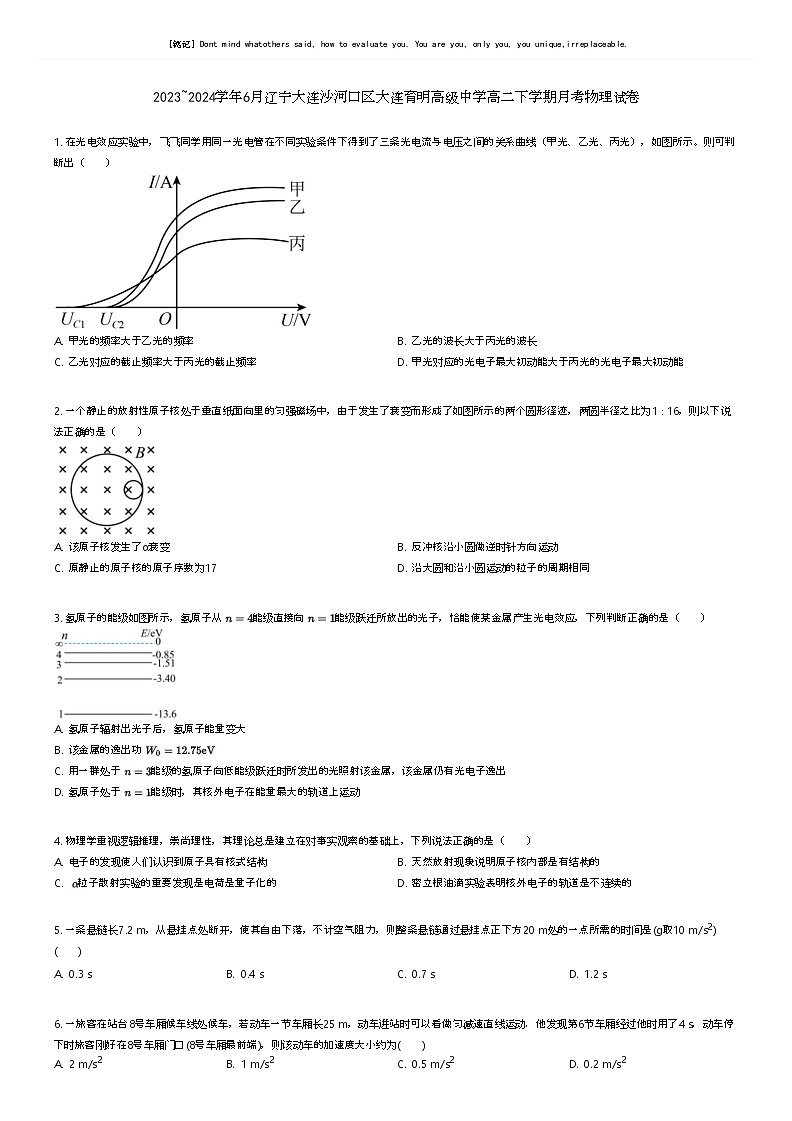 [物理]2023_2024学年6月辽宁大连沙河口区大连育明高级中学高二下学期月考物理试卷原题版第1页
