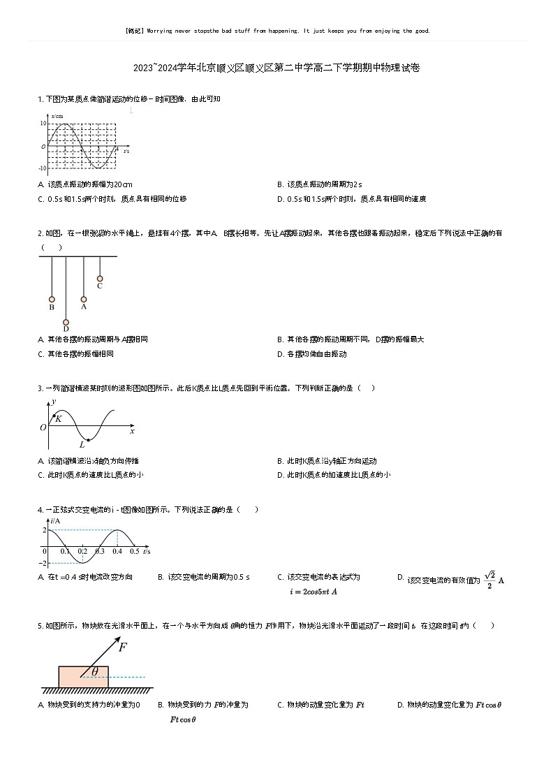 [物理]2023_2024学年北京顺义区顺义区第二中学高二下学期期中物理试卷(原题版+解析版)01