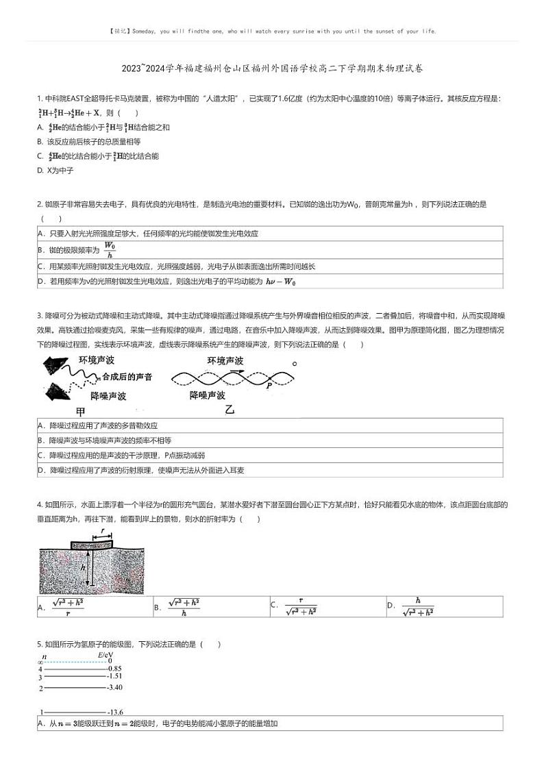 [物理]2023_2024学年福建福州仓山区福州外国语学校高二下学期期末物理试卷原题版第1页