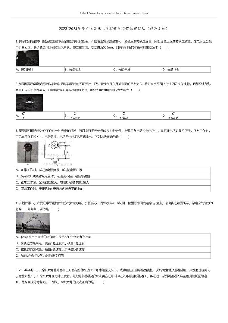 [物理]2023_2024学年广东高三上学期开学考试物理试卷(部分学校)(原题版+解析版)01
