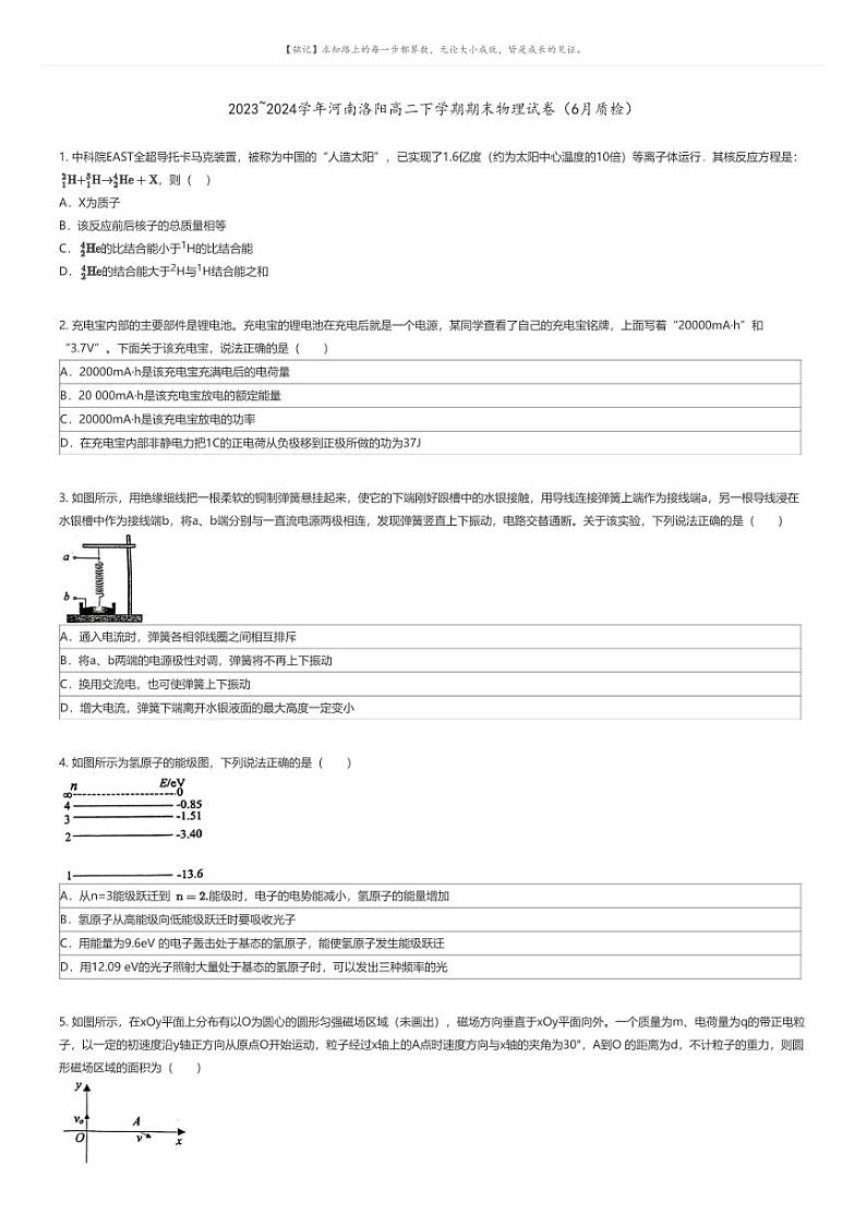 [物理]2023_2024学年河南洛阳高二下学期期末物理试卷(6月质检)原题版第1页