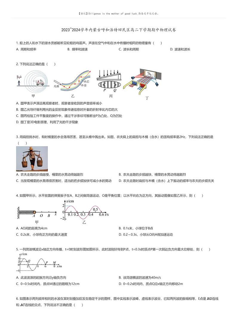 [物理]2023_2024学年内蒙古呼和浩特回民区高二下学期期中物理试卷(原题版+解析版)01