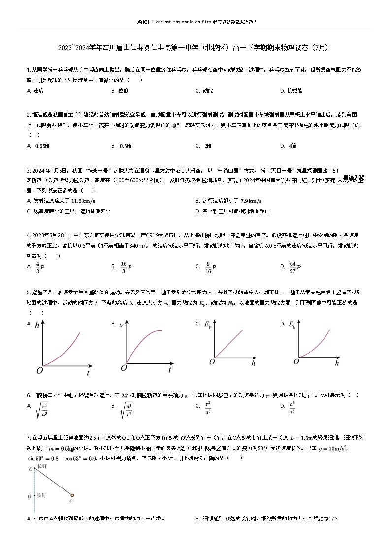 [物理]2023_2024学年四川眉山仁寿县仁寿县第一中学(北校区)高一下学期期末物理试卷(7月)原题版第1页