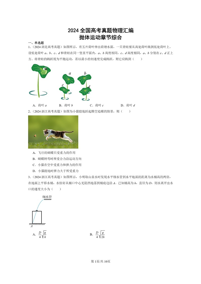 [物理]2024全国高考真题物理真题分类汇编：抛体运动章节综合第1页