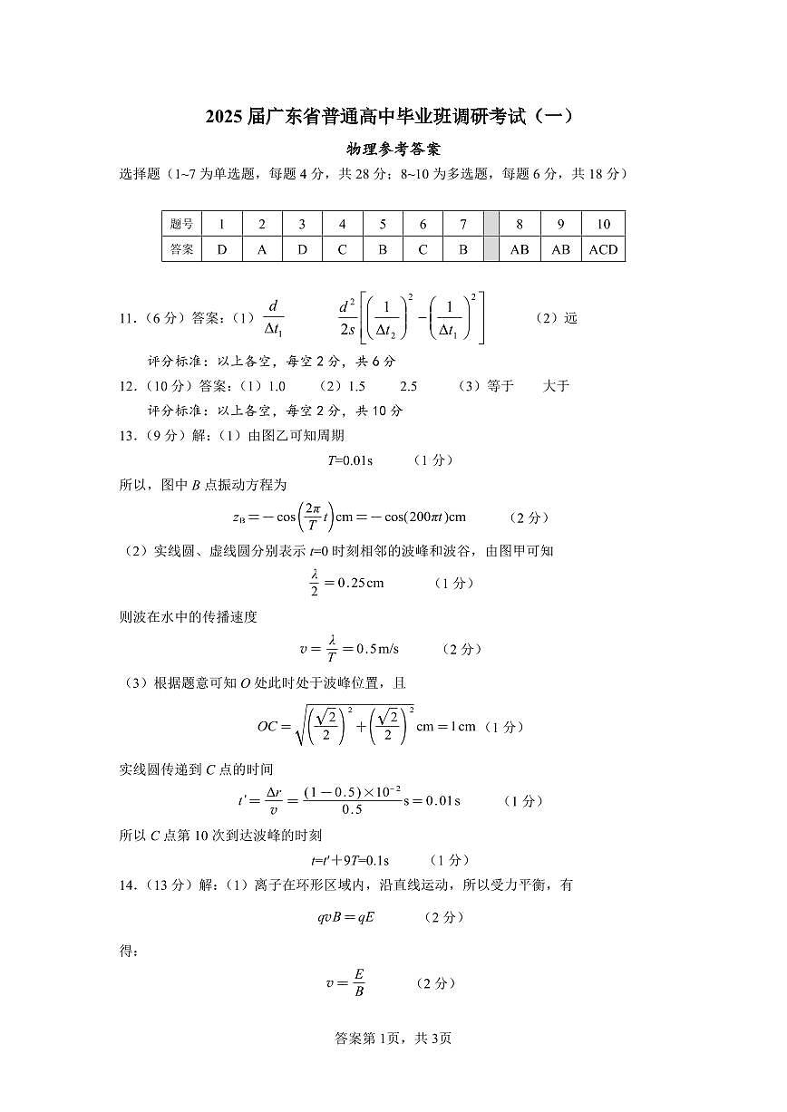 广东省2025届高三物理一调模拟卷（答案）第1页