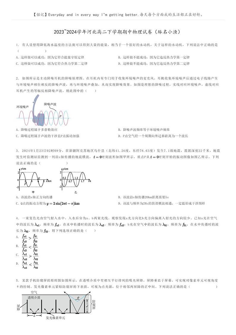2023_2024学年河北高二下学期期中物理试卷（琢名小渔）原题版第1页