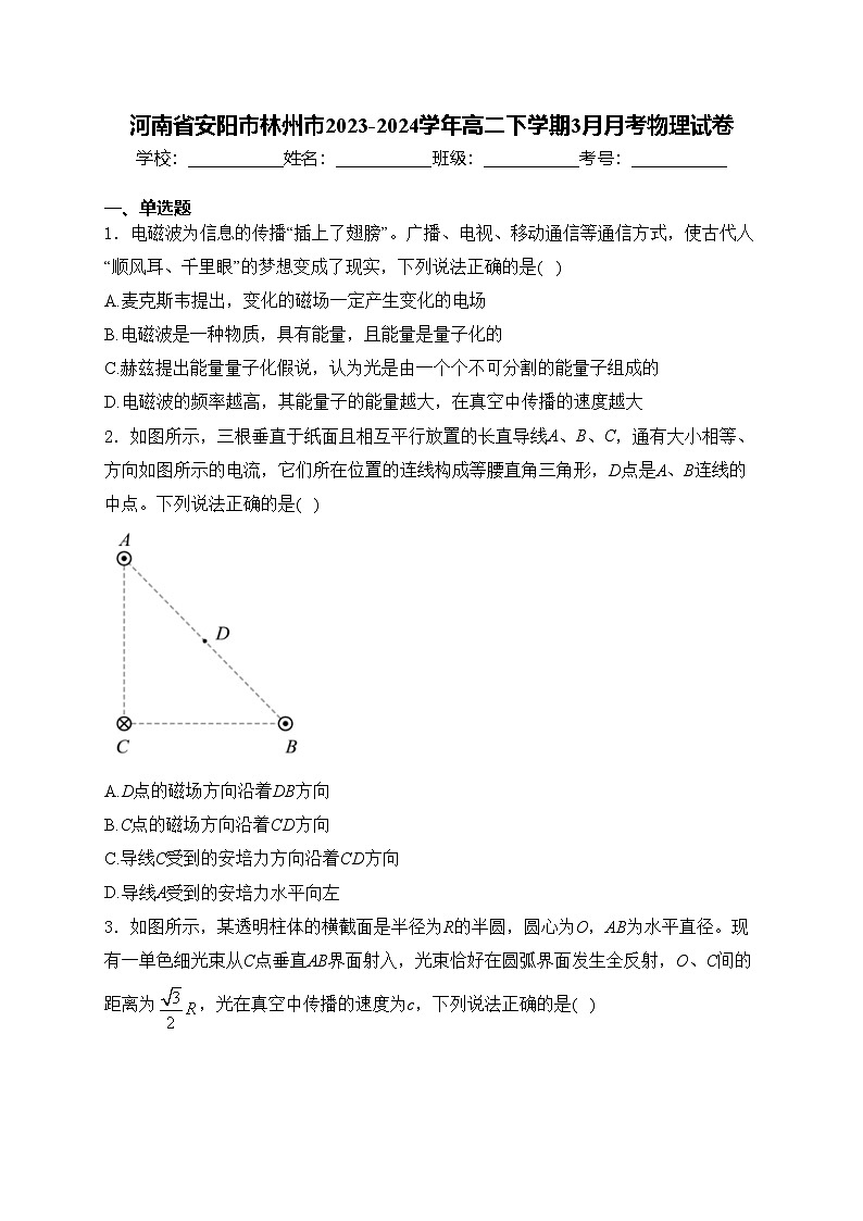 河南省安阳市林州市2023-2024学年高二下学期3月月考物理试卷(含答案)第1页