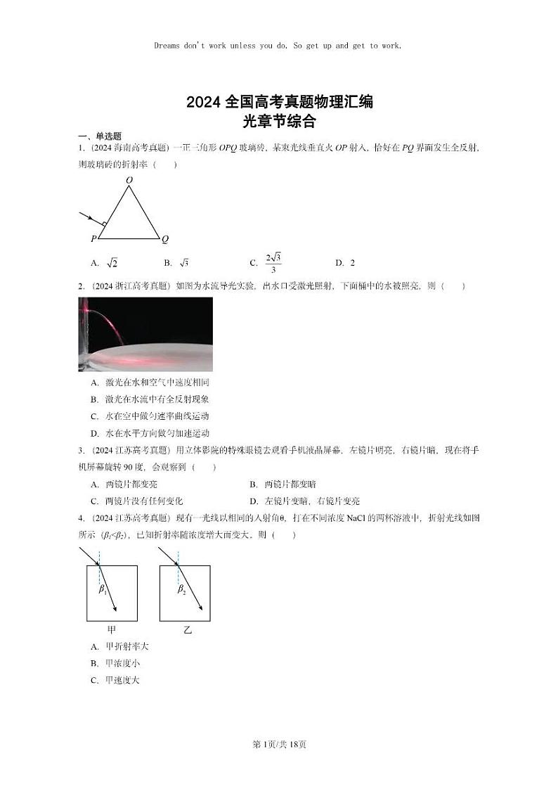 [物理]2024全国高考真题物理真题分类汇编：光章节综合第1页