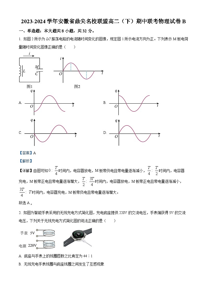 安徽省鼎尖名校联盟2023-2024学年高二下学期期中联考物理试卷 B （解析版）第1页