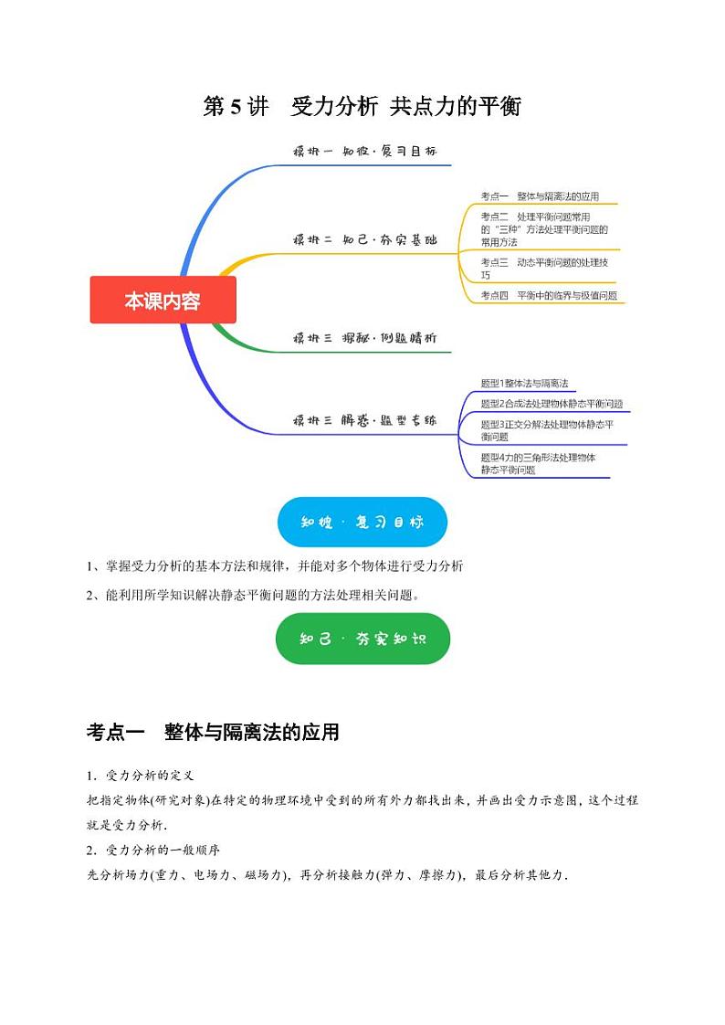第5讲　受力分析 共点力的平衡（教师版） 2025届高考物理一轮复习考点精讲精练（全国通用）第1页