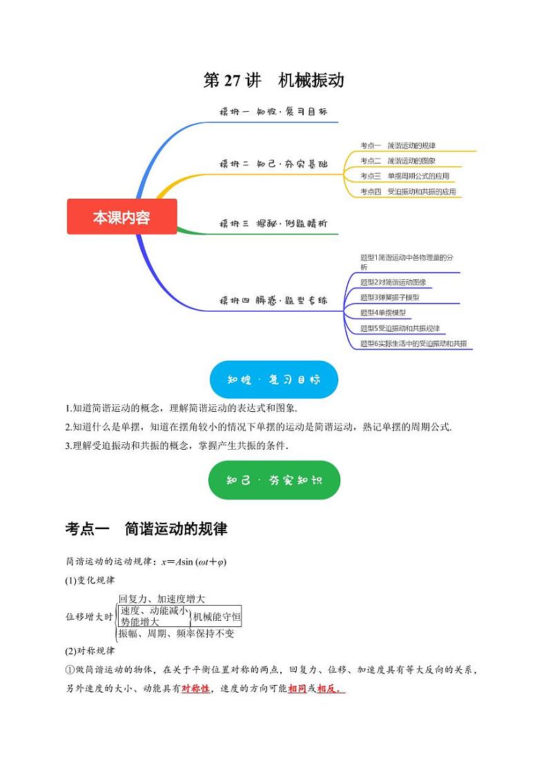第27讲　机械振动（含答案） 2025届高考物理一轮复习考点精讲精练（全国通用）01