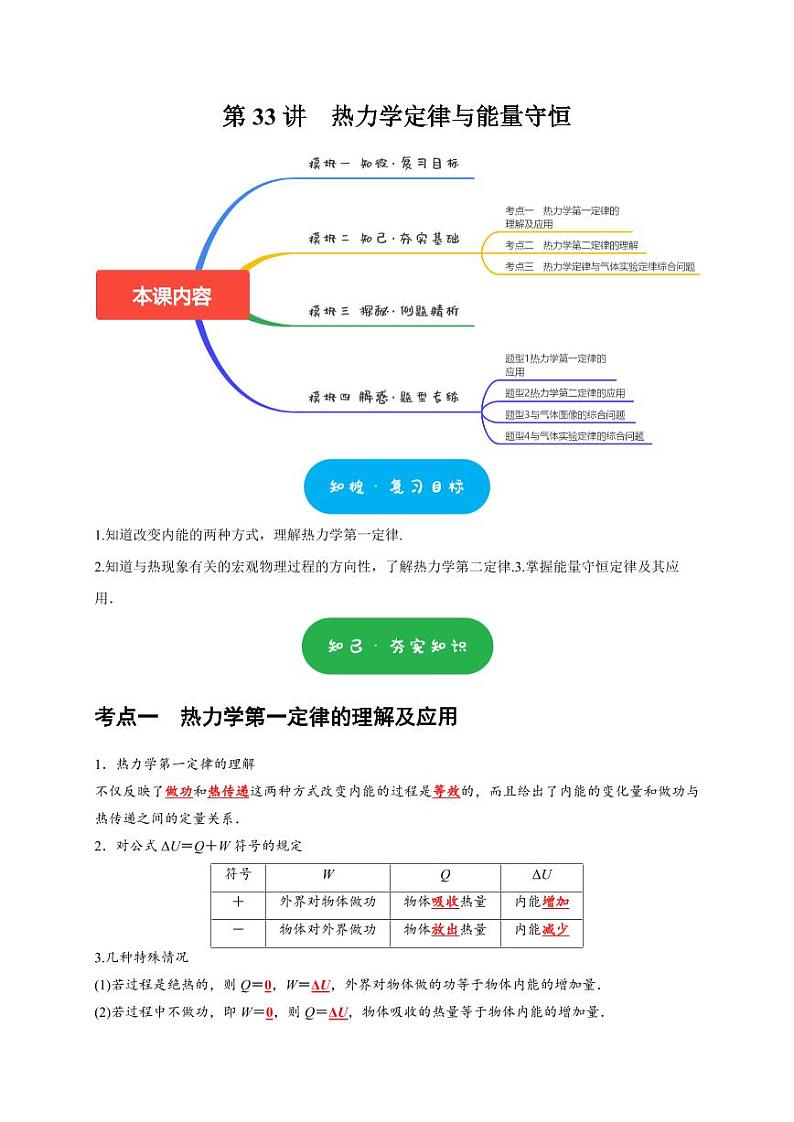 第33讲　热力学定律与能量守恒（学生版） 2025届高考物理一轮复习考点精讲精练（全国通用）第1页