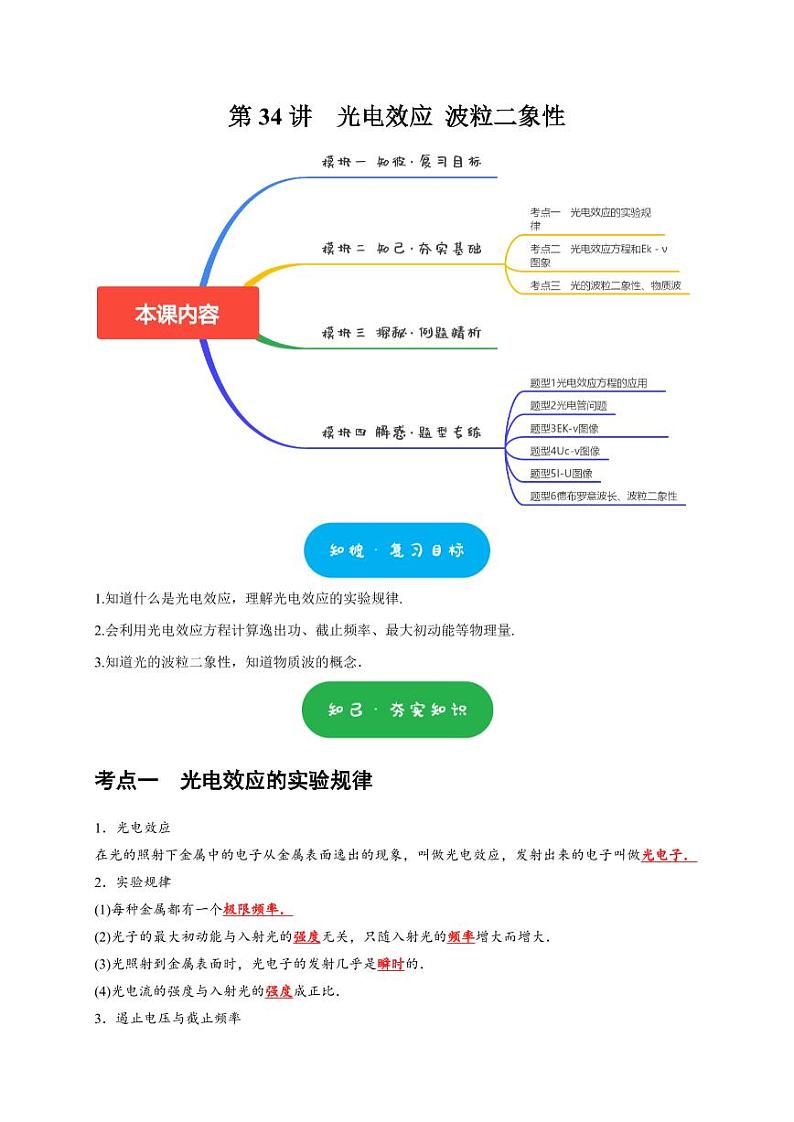 第34讲　光电效应 波粒二象性（含答案） 2025届高考物理一轮复习考点精讲精练（全国通用）01