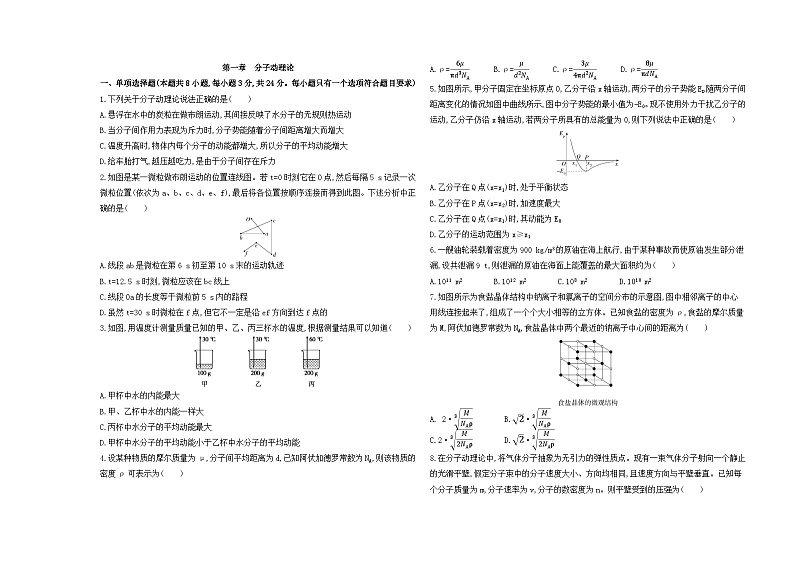 高中物理人教版(2019)选择性必修第三册第一章分子动理论测试卷（Word版附解析）第1页