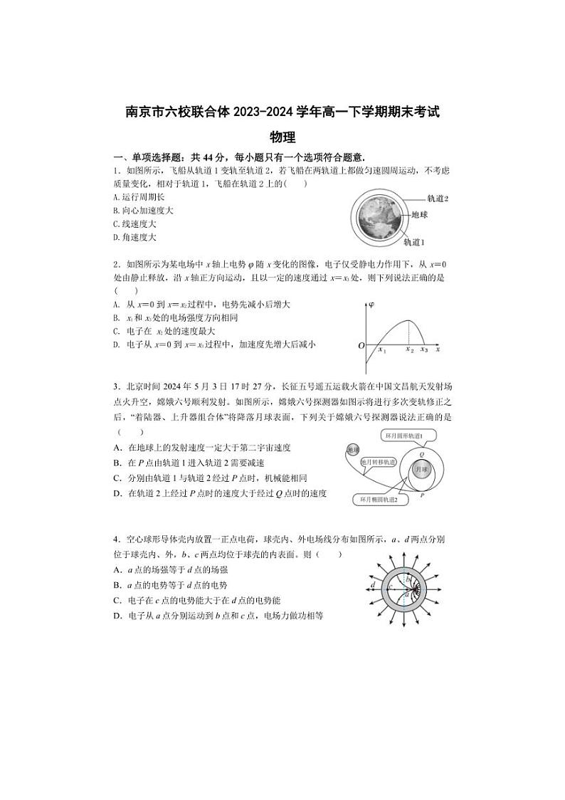 [物理][期末]江苏省南京市六校联合体2023～2024学年高一下学期期末考试物理试题(有答案)01