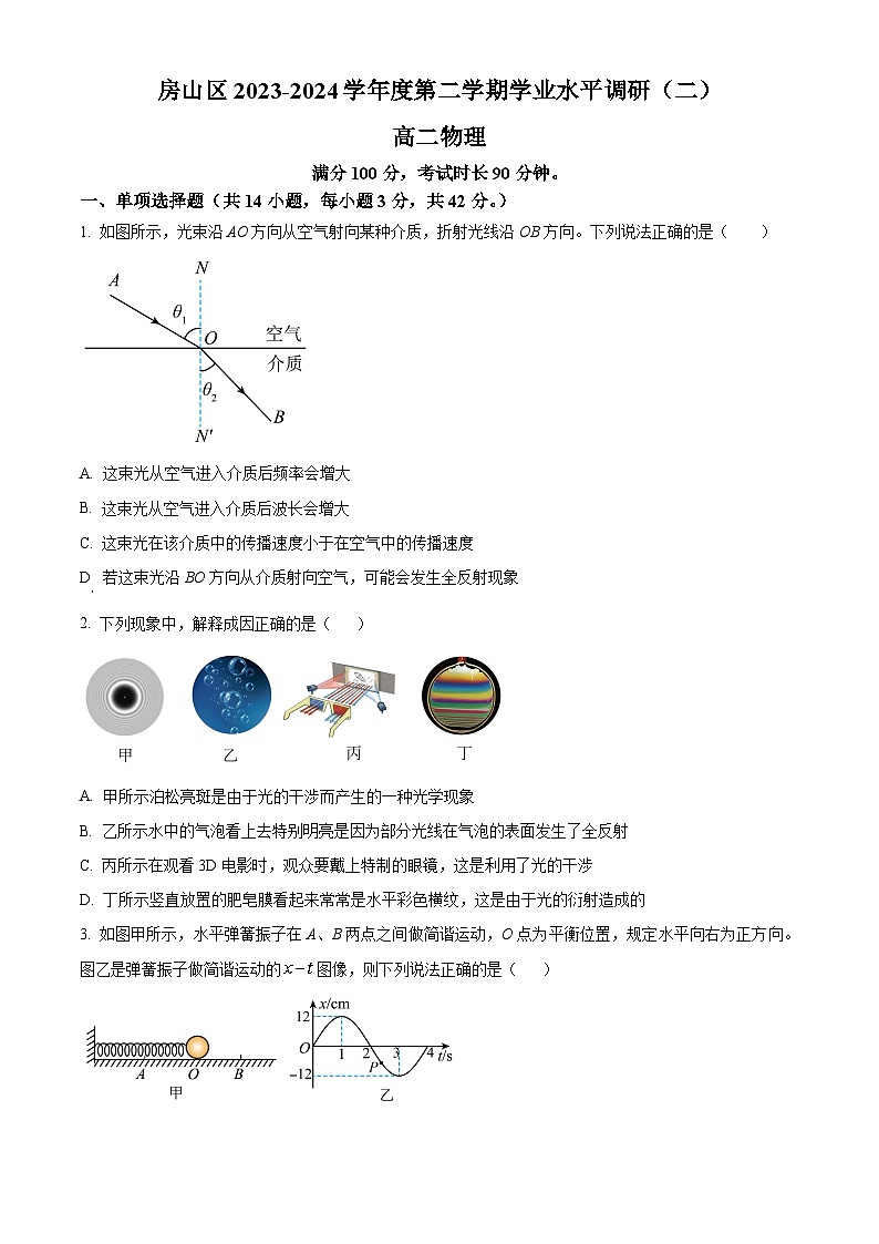 北京市房山区2023-2024学年高二下学期期末考试物理试卷（原卷版）第1页