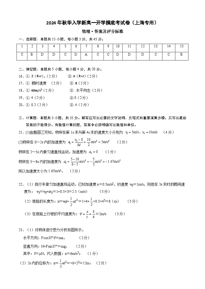 【开学考】2024年秋季高一上入学分班考试模拟卷物理（上海专用）-01
