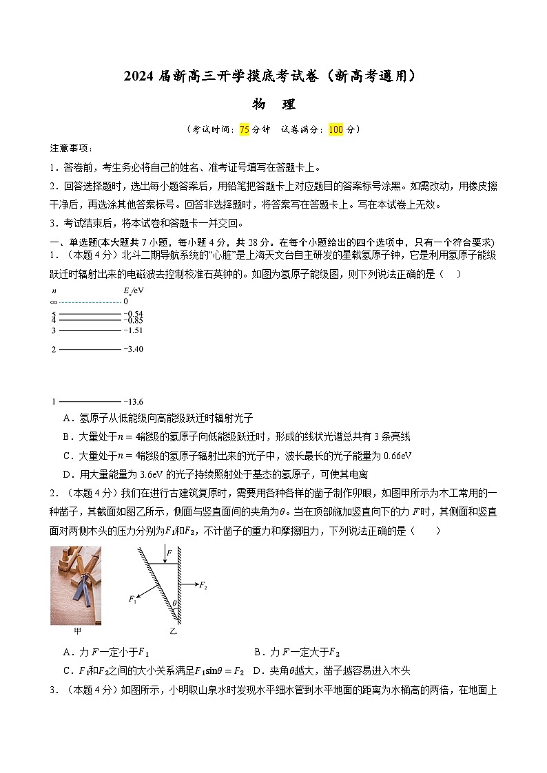 【开学考】2024秋高三上册开学物理摸底考试 物理（新高考通用）2025届新高三上册开学摸底考试卷0101