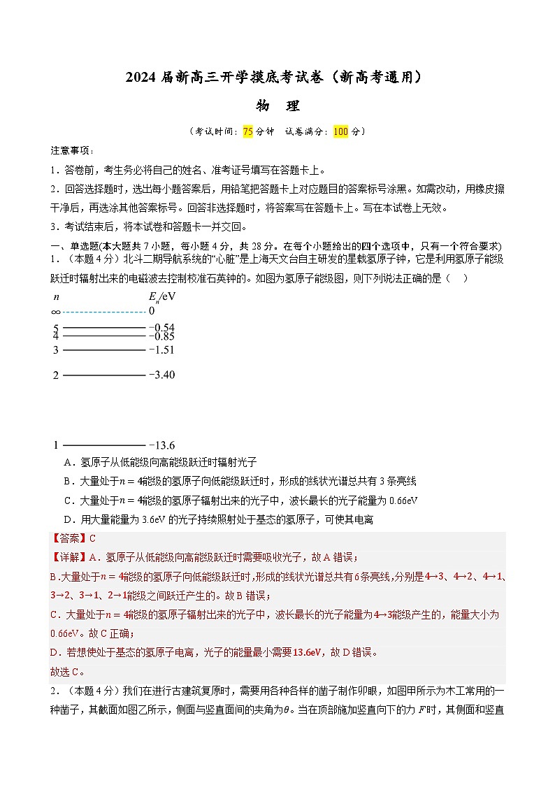 【开学考】2024秋高三上册开学物理摸底考试 物理（新高考通用）2025届新高三上册开学摸底考试卷0101