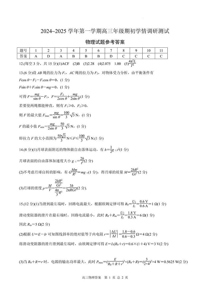 江苏高邮市部分高中2025届高三上学期开学测试物理试卷参考答案第1页