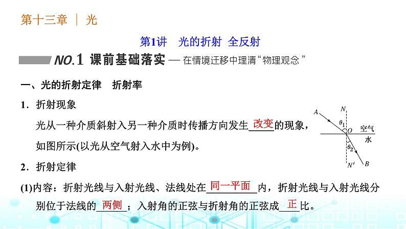 高考物理一轮复习选择性必修第一册第十三章光第一讲光的折射全反射课件01