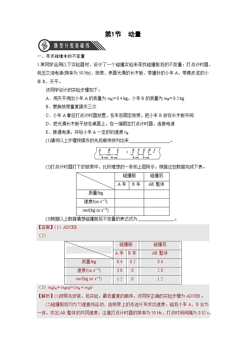 人教版（2019）高中物理选择性必修第一册 1.1《动量》分层练习（原卷+解析卷）01