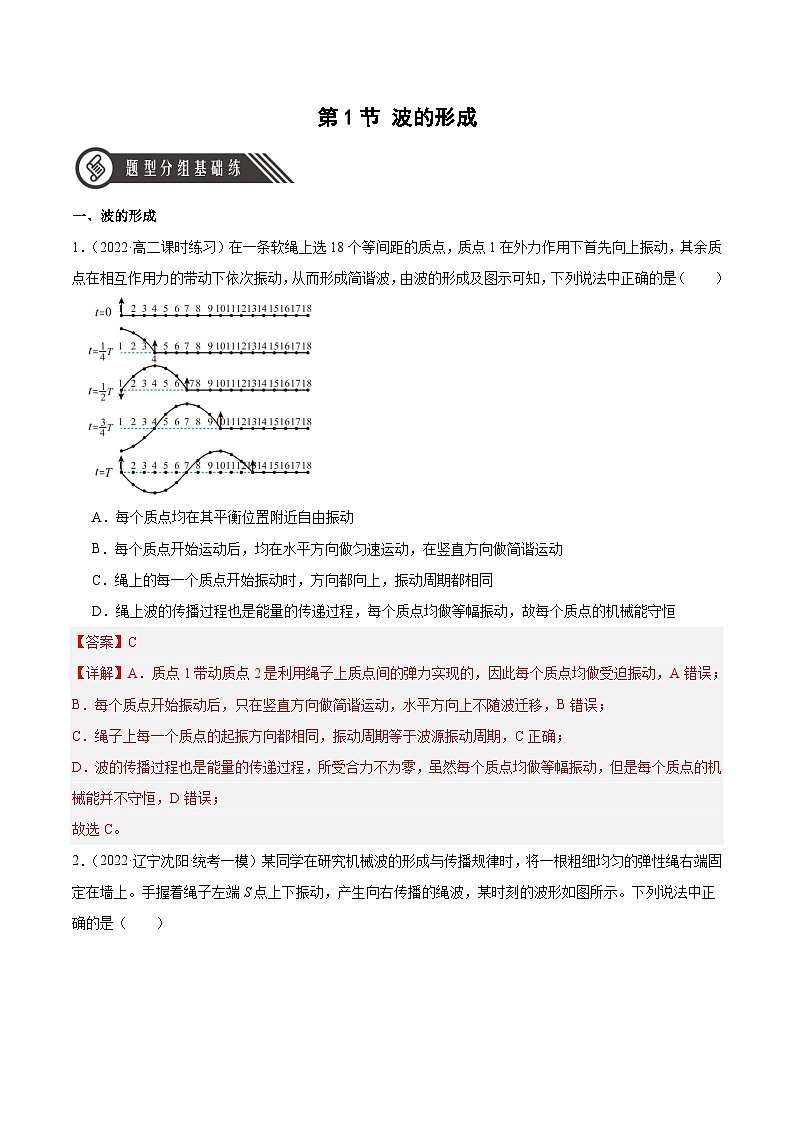 人教版（2019）高中物理选择性必修第一册 3.1《波的形成》分层练习（原卷+解析卷）01