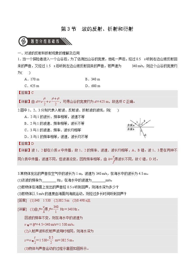 人教版（2019）高中物理选择性必修第一册 3.3《波的反射、折射和衍射》分层练习（原卷+解析卷）01