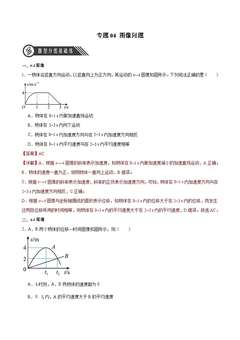 人教版（2019）高中物理必修第一册 专题04《图像问题》分层作业（原卷+解析卷）01