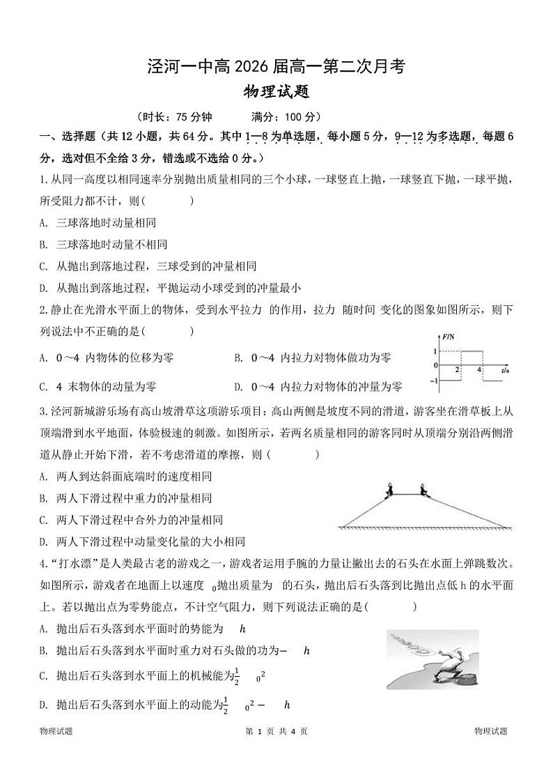 陕西省西安市西咸新区泾河新城第一中学2023-2024学年高一下学期第二次月考物理试卷01