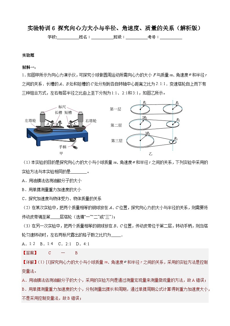 实验特训6 探究向心力大小与半径、角速度、质量的关系（原卷版）-2025高考物理一轮新题型综合特训（上海专用）01