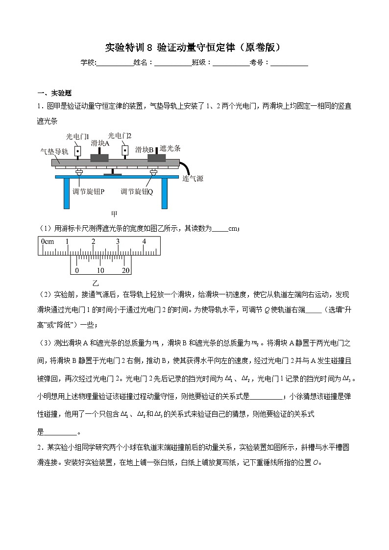 实验特训8 验证动量守恒定律（原卷版）-2025高考物理一轮新题型综合特训（上海专用）01